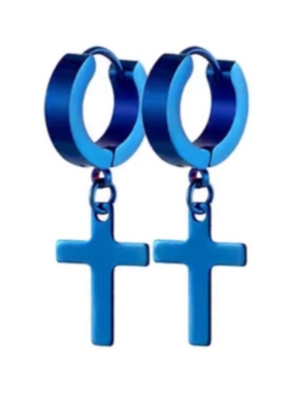 Blue Cross Dangle Huggie Hoop Earrings 8mm Stainless Steel